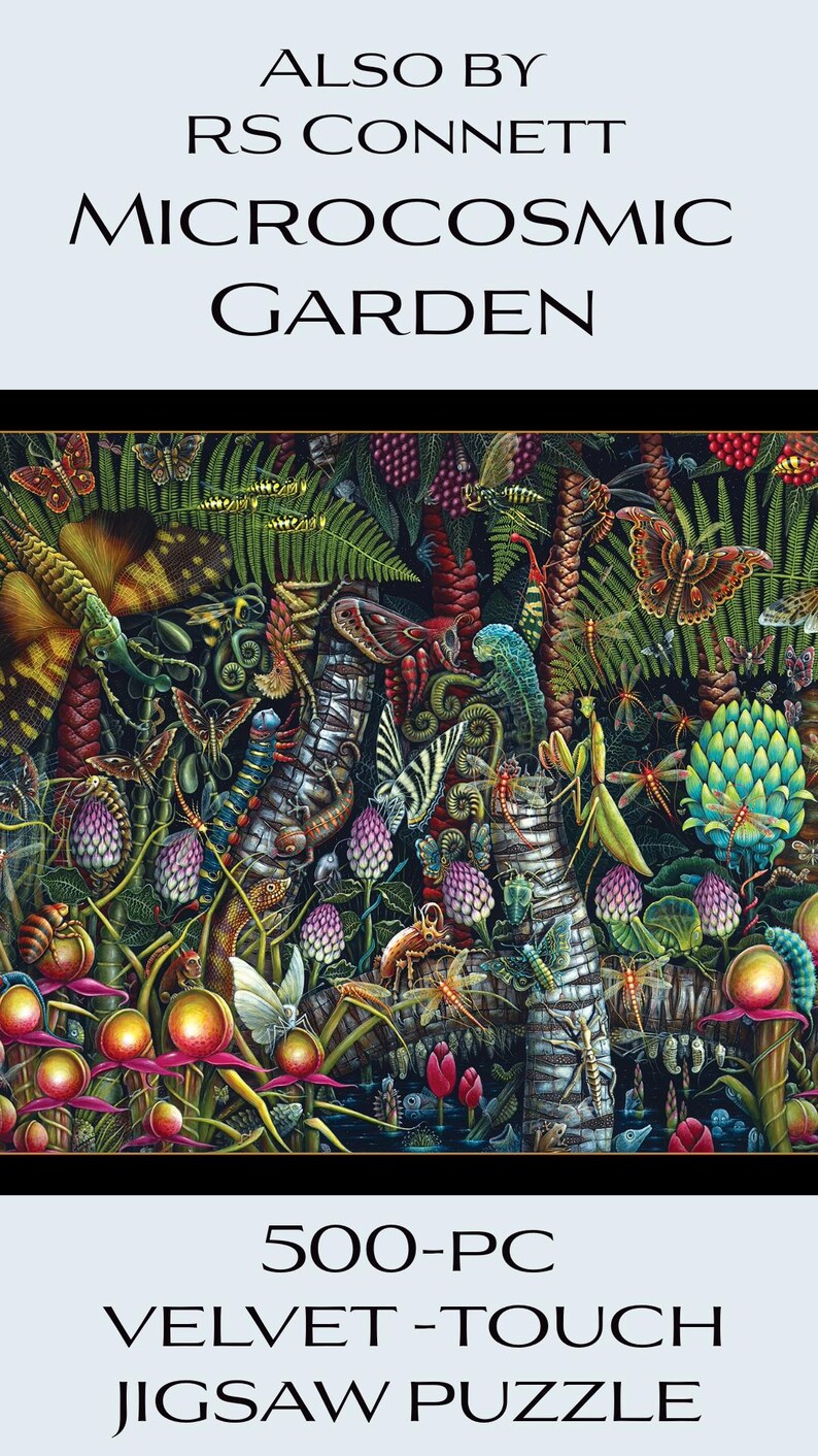 K&ouml;nnte beinhalten: Ein 500-teiliges Puzzle mit einem lebendigen, detaillierten Bild eines &uuml;ppigen, tropischen Gartens, der von Insekten, Pflanzen und Tieren wimmelt. Das Puzzle zeigt eine Vielzahl von Farben, darunter Gr&uuml;n, Rot, Blau und Gelb.