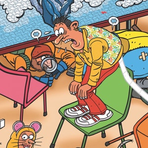 以下が含まれることがあります： テーブルの下をのぞき込む2人のキャラクターの漫画イラスト。1人は花柄の黄色いシャツと赤いズボンを着用。もう1人は赤い帽子と青いジャケットを着用。彼らは虫眼鏡を見ている。