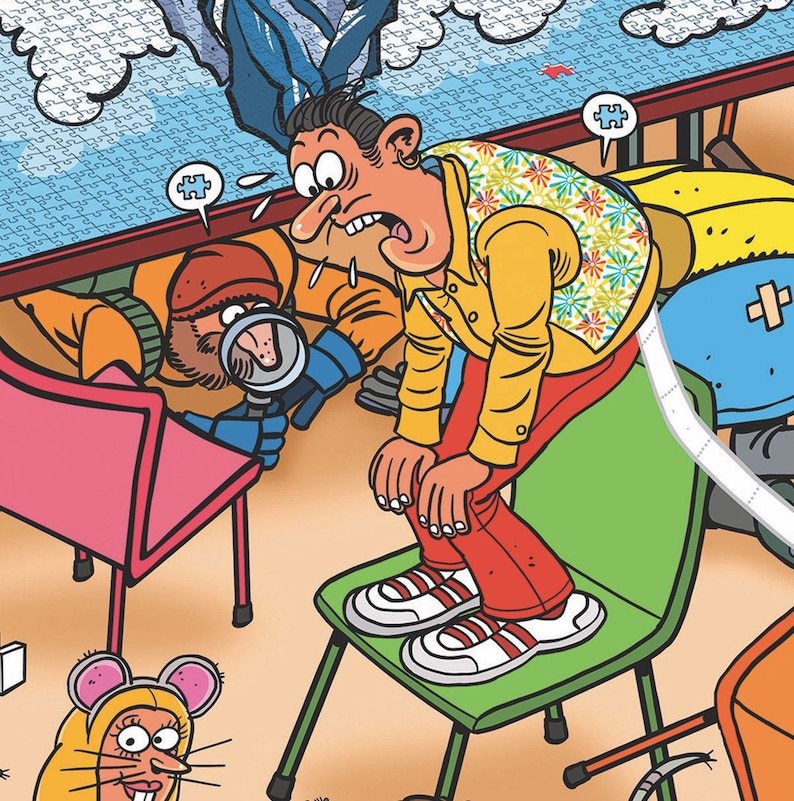 以下が含まれることがあります： テーブルの下をのぞき込む2人のキャラクターの漫画イラスト。1人は花柄の黄色いシャツと赤いズボンを着用。もう1人は赤い帽子と青いジャケットを着用。彼らは虫眼鏡を見ている。