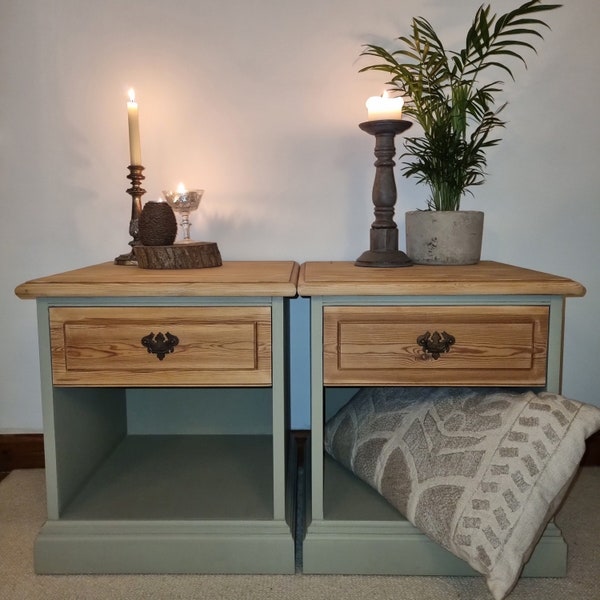 Pair of French Grey/Pine Bedside Cabinets