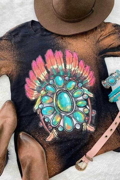 Western, Feather, Squash Blossom, Head Dress, Women's, Bleached, T Shirt