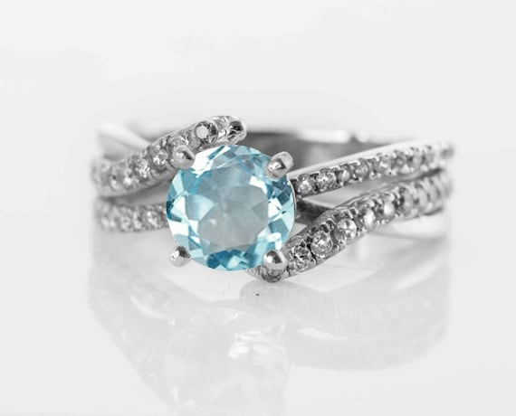 925 Sterling Silver Blue Topaz /& Natural Zircon Statement Wedding Ring