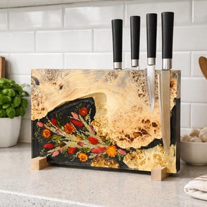 Dried Flowers Magnetic Knife Block Epoxy Resin Wood,magnetic knife holder,knife stand,knife rack,dry flowers housewarming gift,kitchen decor