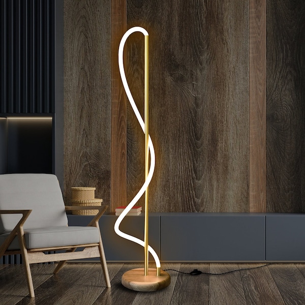 Brass Wood Floor Lamp,Wood Arc Floor Lamp,Natural Wood Walnut Floor Lamp,Bedroom Living Room,Free Standing Modern Contemporary Floor Lamp