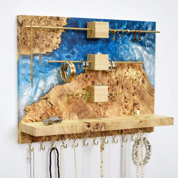 Wall hanging jewelry organizer,large jewelry organiser,Wood epoxy resin jewelry box holder,earring hanger display,necklace wall hanger