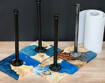 Paper towel holder standing,kitchen roll holder,wooden epoxy resin napkin holder,industrial pipe countertop hand towel holder,dispenser