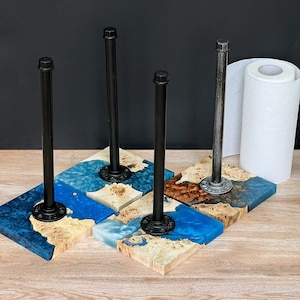 Suporte para papel toalha, suporte para rolo de papel de cozinha, porta-guardanapos de resina epóxi de madeira, suporte para toalhas de mão de bancada de tubo industrial, dispensador