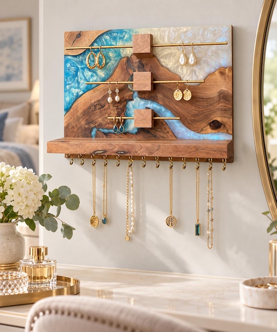 Wand Schmuck Organizer, Holz Epoxidharz Schmuckschatulle, Ohrring-Schmuckhalter, Halskette Wandhalter, Wand Kunst Schmuckhalter, Schmuckständer