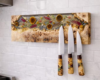 Magnetic Knife Rack with dried flowers,Wall Mounted Magnetic Knife Strip,Resin and Wood Knife Block,Magnetic Kitchen Knife Wall Holder