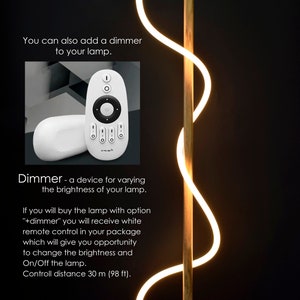 Pu&ograve; includere: Una lampada da terra in legno con una luce LED bianca che si curva in una forma unica. La lampada &egrave; dotata di un telecomando per regolare l'intensit&agrave; della luce e accenderla e spegnerla. Il telecomando &egrave; bianco e ha un pulsante circolare al centro. La lampada &egrave; alta 30 metri (98 piedi).