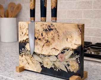 Magnetischer Messerhalter Arbeitsplatte Getrocknete Blumen, Holzmesserblock, Epoxidharz Holz Küchenmesserhalter, Messerhalter Bord Magnetständer