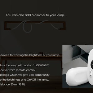 May include: A white remote control with a round button in the centre and four buttons at the bottom. The remote control is used to dim the brightness of a lamp and turn it on and off. The text on the remote control reads "+dimmer". The control distance is 30 metres (98 feet).