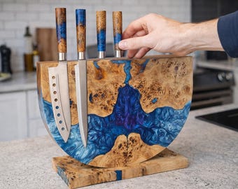 Magnetic Knife Holder for Countertop,Wooden Block display for knives,Epoxy Resin Wood Knife Rack Board Stand,Kitchen Organizer,Messerblock