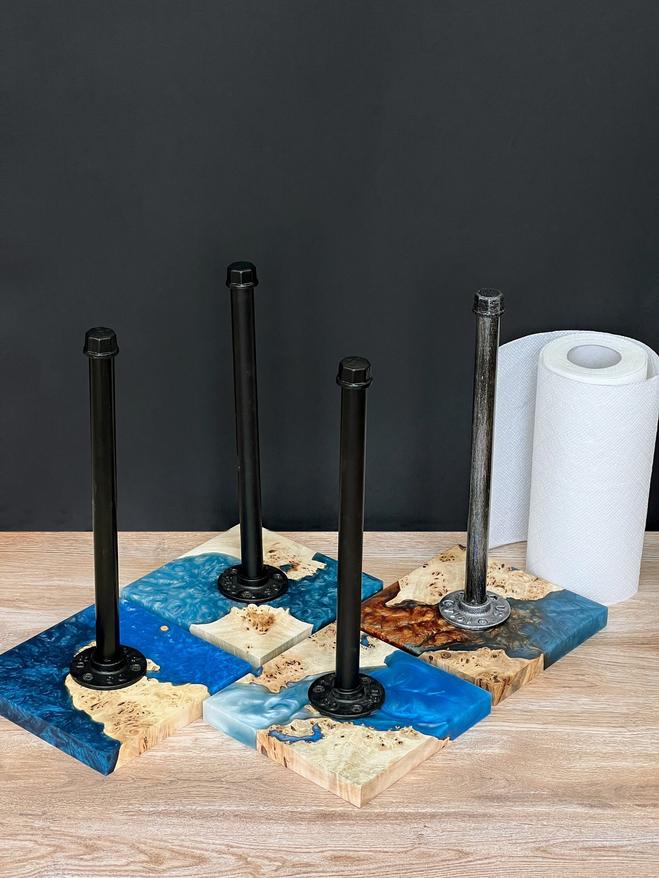 Industrial Black Metal Pipe Countertop Paper Towel Roll Holder with White Wood Base