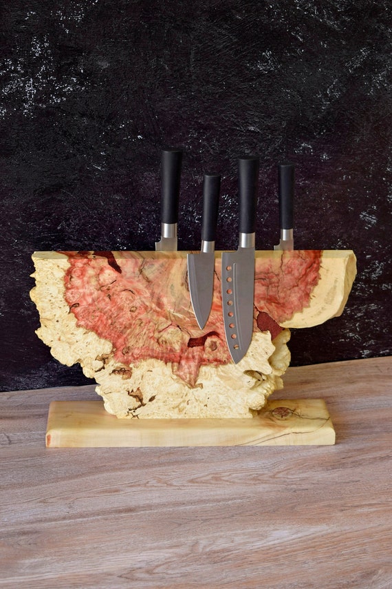 Knife Holder Block With Live Edgeburl Wood Knives Etsy