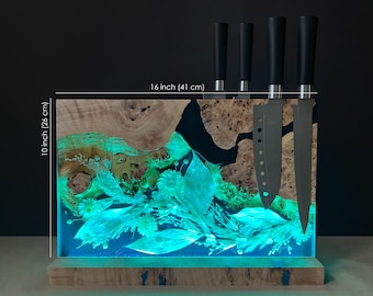 Magnetic Knife Holder with Dried Flowers and LED light,Knife Stand,Knive Board,Wooden Knife Block,Epoxy Resin Wood Kitchen Knife Holder Rack