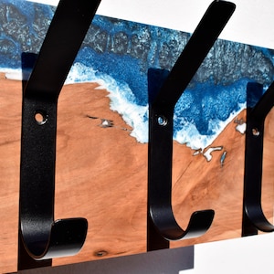 Wall Mounted Coat Rack,hanging coat rack,entryway organizer,hook rack,wood hook rail,epoxy resin wood coat rack,kitchen towel rack ocean