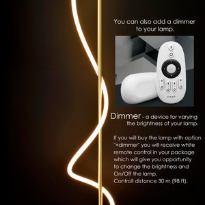 May include: A gold floor lamp with a white LED light that curves in a unique shape. The lamp has a wooden base and comes with a remote control dimmer that allows you to adjust the brightness and turn the lamp on and off. The remote control has a range of 30 meters (98 feet).