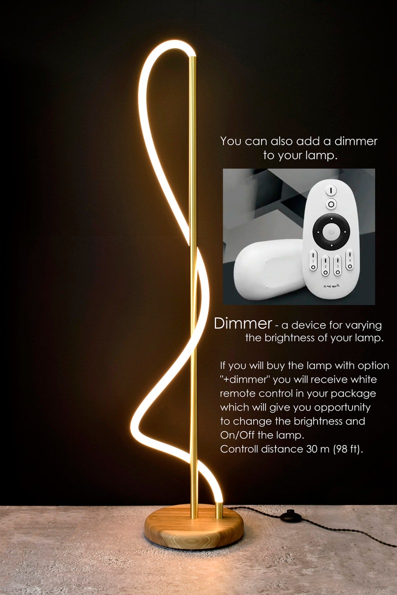 May include: A gold floor lamp with a white LED light that curves in a unique shape. The lamp has a wooden base and comes with a remote control dimmer that allows you to adjust the brightness and turn the lamp on and off. The remote control has a range of 30 meters (98 feet).