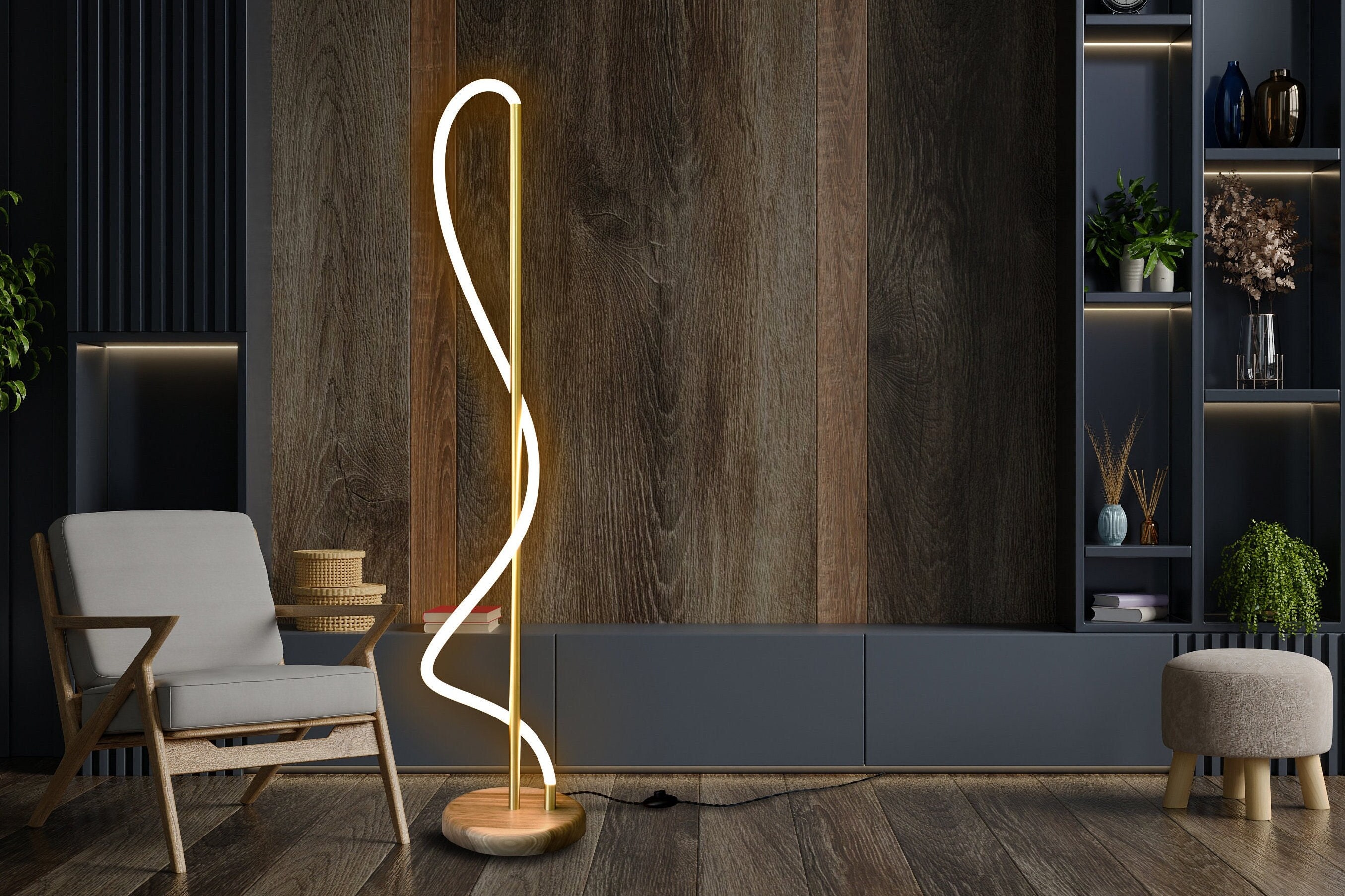 【最終値下】Cord floor lamp Brass Wood Floor Lamp,wood Arc Floor Lamp,natural Wood Walnut