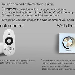 May include: Two types of dimmers for lamps: a remote control with buttons and a wall dimmer with a knob. The text reads "Remote control" and "Wall dimmer". The text also explains that a dimmer allows you to change the brightness of a light and turn it on and off, but it does not change the light temperature.