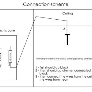 May include: A diagram showing the connection scheme for a lamp. The lamp consists of a block, a dimmer, and neon tubes. The diagram shows how to connect the wires from the ceiling to the wires from the neon tubes.