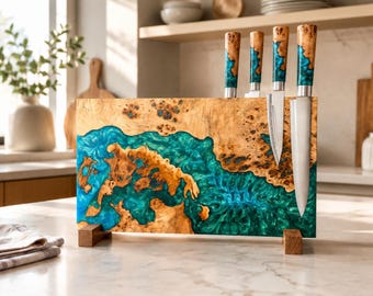 Soporte magnético de madera para cuchillos con resina epoxi, tira para cuchillos, bloque para cuchillos, soporte de madera para cuchillos, bloque magnético para cuchillos, regalo de inauguración de cocina