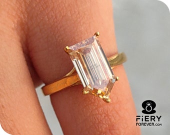 Bullet Cut Yellow Moissanite Ring: Unique 5 Prong Cathedral Set Anniversary Ring, 18K Solid Gold Wedding Ring, Party Wear Ring For Women