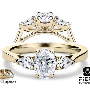 Beautiful 1.4/ 2/ 2.8 Carat Oval With Side Pear Cut Colorless Moissanite Trinity Ring For Engagement, Thanksgiving Gift Ring For Girlfriend