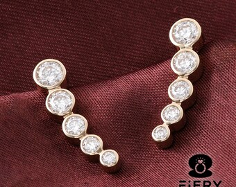 Moissanite Ear Climber Earrings: Yellow Gold Earrings, Full Bezel Set Ear Crawlers, 1.20 TCW Round Cut Moissanite 5 Stone Earrings For Women