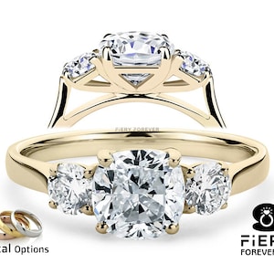 3 Stone Ring, Elegant 1/ 1.50/ 2.25 Carat Cushion With Side Round Cut Moissanite 10K Yellow Gold Wedding Ring, Simple Birthday Gift For Wife