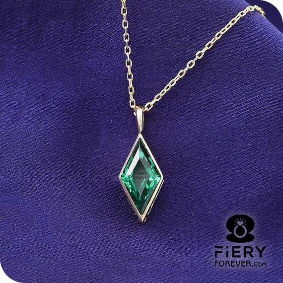 1.25/ 2/ 3 Carat Green Lozenge Cut Moissanite Necklace: Full Bezel Set Solitaire Pendant With Cable Chain, Surprise Birthday Gift