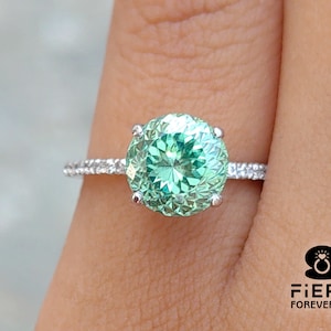 Wonderful 2/ 2.75/ 4 Carat Fancy Green Portuguese Cut Moissanite Engagement Ring, Hidden Halo 3/4 Eternity Promise Ring Gift For Girlfriend