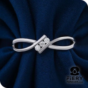 Tension Set Unique Three Stone Wedding Band, Round Brilliant Cut Moissanite Engagement Band, Twisted Bypass Shank Designer Anniversary Ring