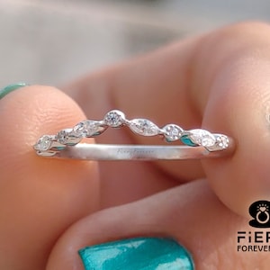 Moissanite Wedding Band, Alternating Round With Marquise Curved Band For Bridal Set Ring, Stackable Shared Prong Half Eternity Band For Wife