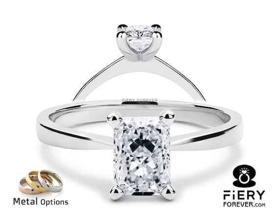 18K White Gold Solitaire Ring: Unique Tapered Band Anniversary Ring, 1.25/1.75/2.50 Carat Radiant Cut Moissanite Wedding Ring, Gift For Her