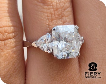 Triple Stone Promise Ring For Women, Wonderful 2.5/ 3.5/ 5 Carat Radiant With Side Trillion Cut Colorless Moissanite Trinity Engagement Ring