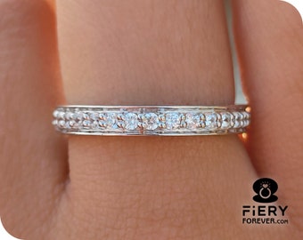 Bead and Bright Set Ring, Wonderful Round Brilliant Cut Colorless Moissanite Anniversary Gift Band, Half Eternity Stacking Ring For Wedding