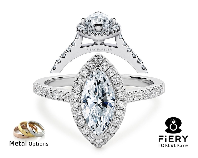 May include: A marquise cut diamond engagement ring with a halo setting and a pave band. The ring is set in white gold and features the inscription "Fiery Forever".