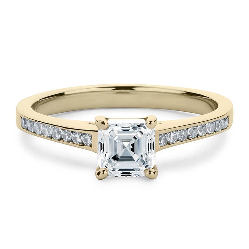 Solid WhiteYellowRose Gold Channel Set Accents Ring For Engagement Lovely 6 x 6 MM 1 Carat Asscher Cut Full White Moissanite 10K14K18K