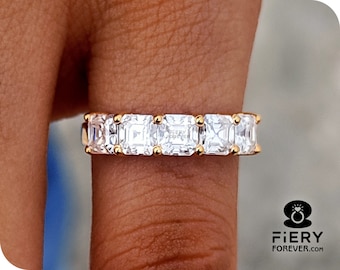2 TCW Asscher Cut Moissanite 5 Stone Wedding Band: Unique Matching Band For Engagement Ring, 5th Anniversary Gift, Stacking Ring For Wife