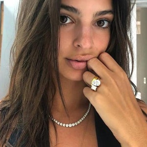 Double Stone Emily Ratajkowski Celebrity Style Anniversary Ring, Elegant 5.50 TCW Princess With Pear Cut Moissanite Toi Et Moi Platinum Ring