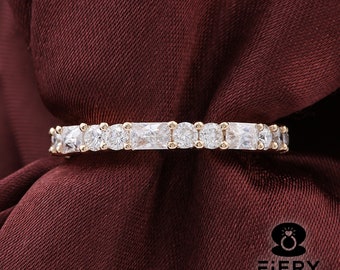 Alternating Radiant With Round Cut Moissanite Wedding Band, Minimalist Half Eternity Matching Band For Bridal Set Ring, Handcrafted Jewelry