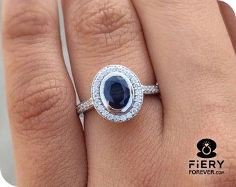 Natural Blue Sapphire Bezel Set Engagement Ring, Side Halo Moissanite Wedding Ring, Unique Promise Anniversary Bridal Ring Gift