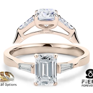 3 Stone 1/ 1.6/ 2.25 Carat Emerald With Side Taper Baguette Cut Moissanite Trilogy Ring For Bride, New Year&#39;s Eve Gift, 3rd Anniversary Ring