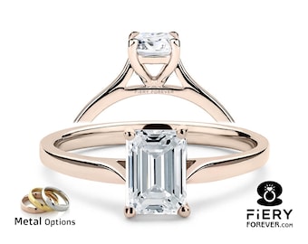 Elegant 1 / 1.5 / 2 Carat Emerald Cut Moissanite Engagement Ring, Classic 4 Prong Cathedral Set Thin Band Solitaire Ring, Love Proposal Ring