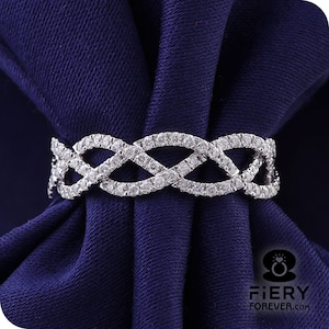 Crossover Unique Twisted Designer Band, Art Deco Round Brilliant Cut Moissanite Engagement Band, 3/4 Eternity Wedding Band, Handmade Jewelry