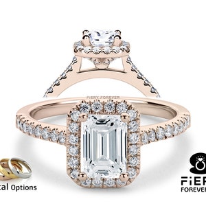 Halo With Hidden Halo Half Eternity Engagement Ring, Fiery 1/ 1.6/ 2.25 Carat Step Emerald Cut Moissanite Designer Wedding Gift Ring For Her