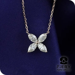 Four Stone Flower Necklace, 1/ 1.4/ 2 Carat Marquise Cut Moissanite Engagement Pendant With Cable Chain, Anniversary Gift Necklace For Women
