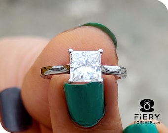 Classic 1.25/ 2/ 3 Carat Princess Cut Moissanite Engagement Ring: White Gold Plain Band Cathedral Solitaire Weeding Ring, Gift For Mother